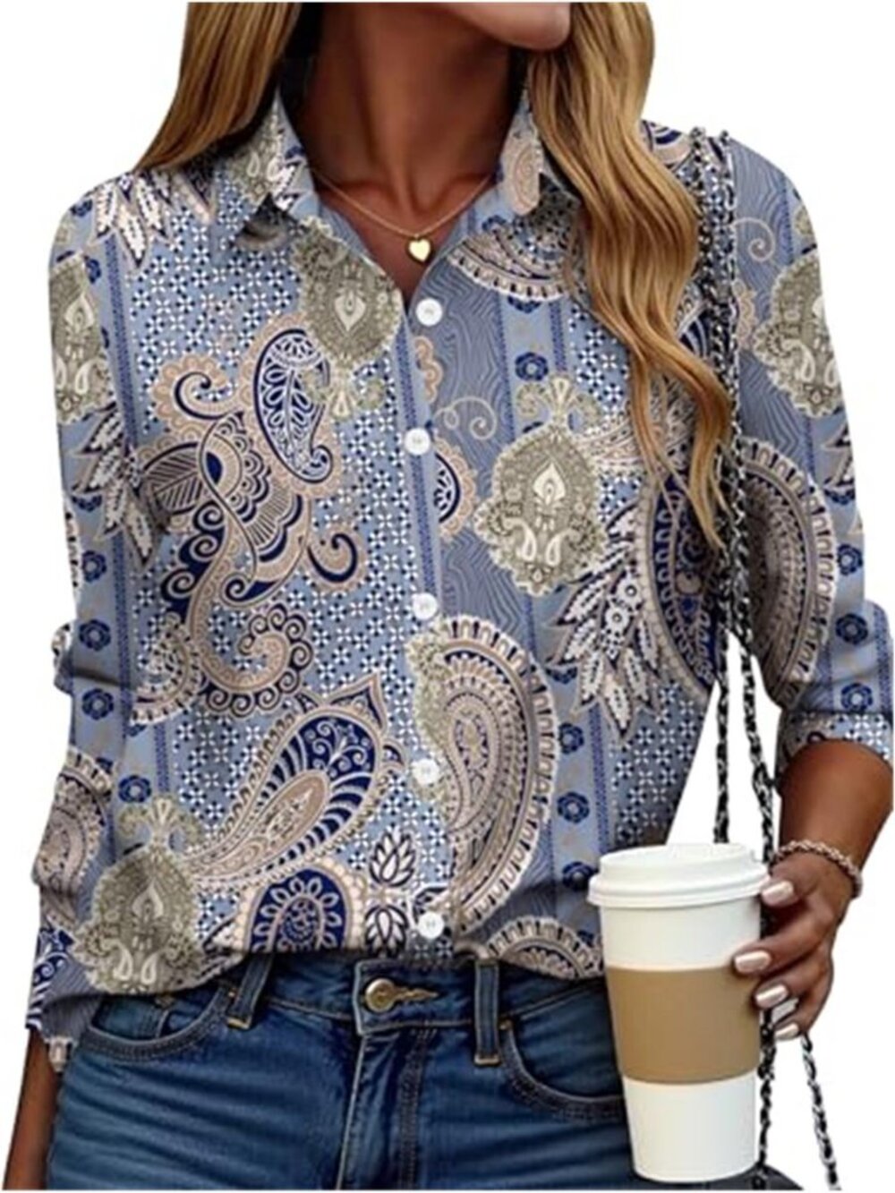 Womens Button Down Blouse Long Sleeve V Neck Floral Boho Work Shirt Top